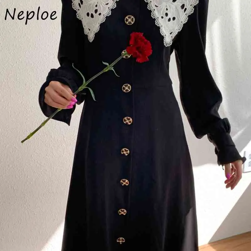 Elegant Lace Heavy Work Hook Flower Dress Women High Waist Black Long Vestidos Slå ner Collar Sleeve Robe Spring 210422