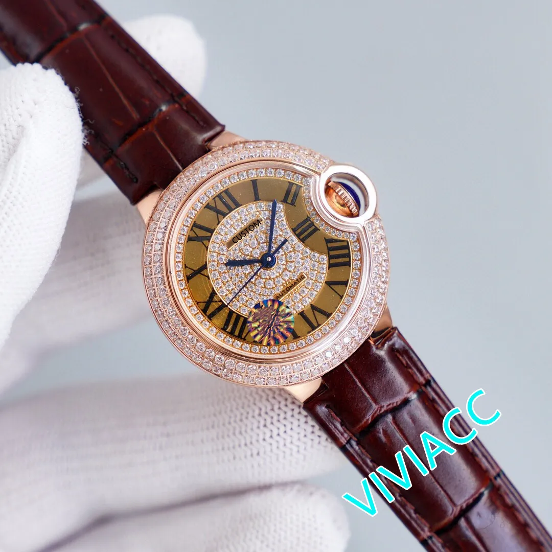 Nuove donne Orologi con diamanti in cristallo pieno Orologio con numero romano in pelle nera Orologio meccanico automatico in acciaio inossidabile con zaffiro 33mm