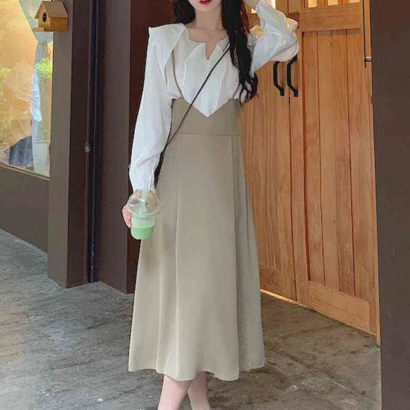 Süße Vintage Midi Kleider für Frauen 2021 Herbst 2 Stück Kleid Set Koreanische Mode Langarm Elegante Abend Party Kleid weibliche Y1204