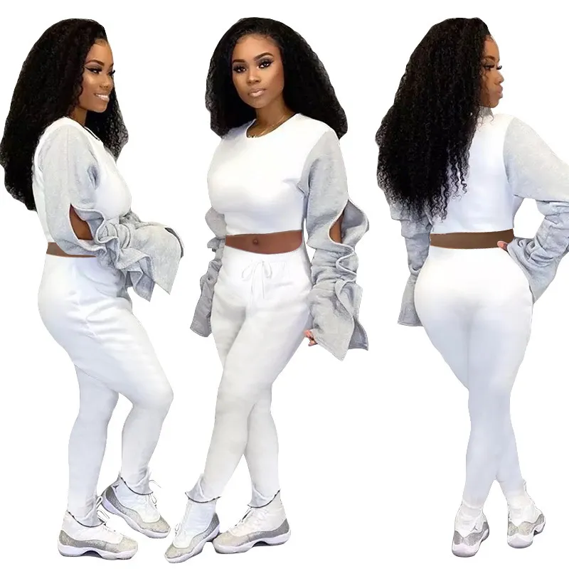 All White Gray Patchwork Sexy Club Vintage Outfits For Women Autumn e Stacked Long Sleeve Top Tunic Trousers Legging 210525