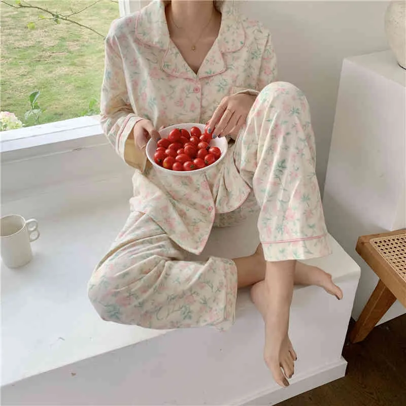 Nightwear Gentle Söt Två Pieace Suit Varm Utskrift Homewear Soft Casual Loose Fashion Långärmad Pyjamas Set 210525