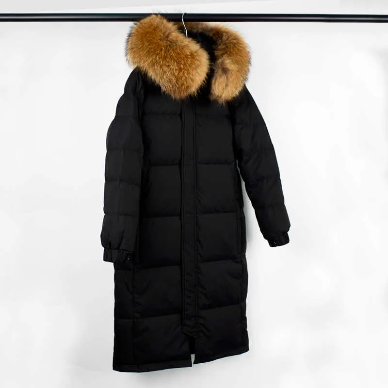 Janveny, chaqueta de plumón de pato 90% con cuello de piel de mapache Real grande para mujer, abrigo de plumas largo grueso suelto de talla grande 211013