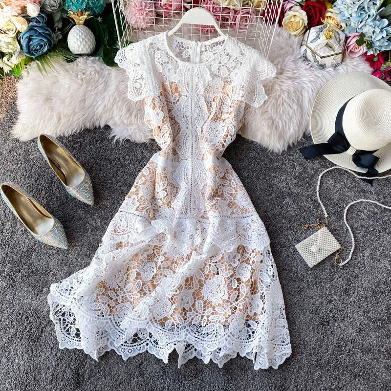 Automne Vintage Dentelle Patchwork Évider Mini Robe Femmes Élégantes De Haute Qualité Irrégulière Robes De Fête 2020 Robe De Mode Nouveau Y0603