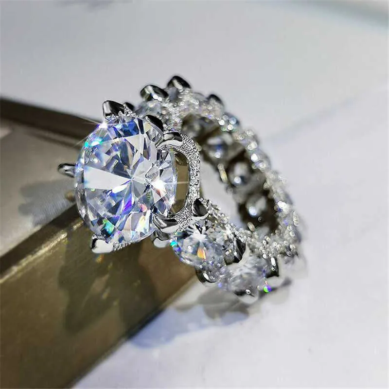 Коктейльные сверкающие роскошные ювелирные изделия из стерлингового серебра 925 пробы, большие круглые огранки, белый топаз, CZ, бриллиантовое обещание, женское обручальное кольцо, кольцо259t
