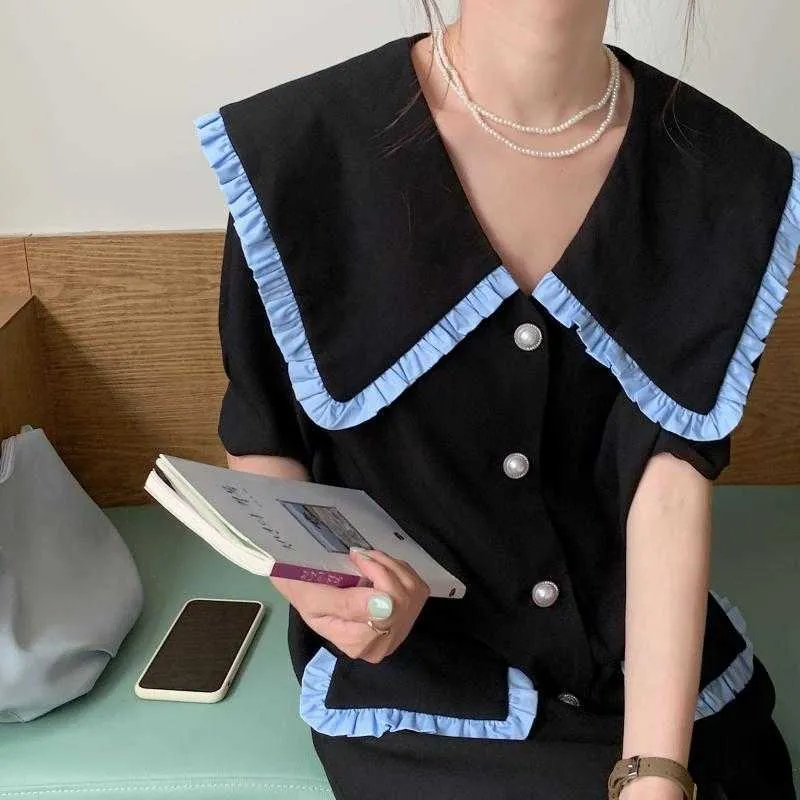 Biuro Lady Ruffles Navy Collar Elegancki Color-Hit Femme Proste Sprzedaż Lato Vintage Mini Sukienki Vestidos 210525