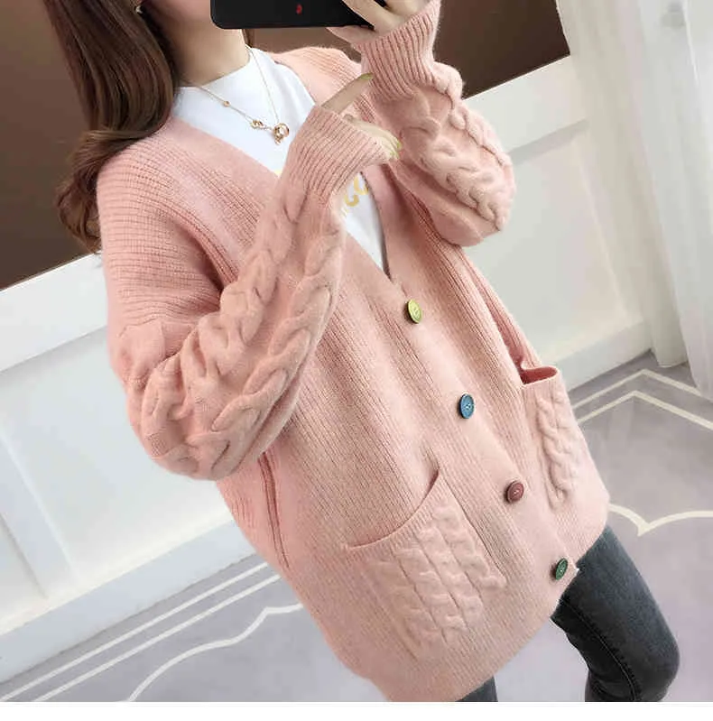 H.SA Women Cashmere Colorful Button Open Stitch Loose Style Long Sweater and Cardigans Winter Warm Clothes 210417