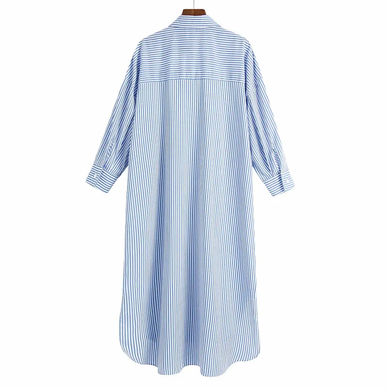 Vrouwen zomer lange blouses shirts tops mouw pocket gestreepte losse katoenen vrouwelijke mode straat vintage top tuniek blusas 210513
