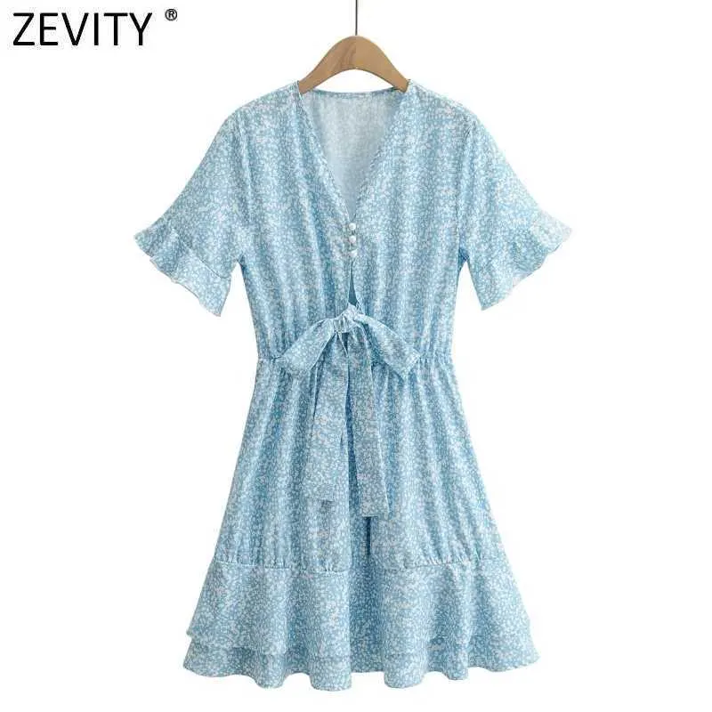 Zevity Women Sweet V Neck Beading Floral Print Bow Tie Mini Dress Femme Chic Butterfly Sleeve Casual Slim Ruffles Vestido DS8195 210603
