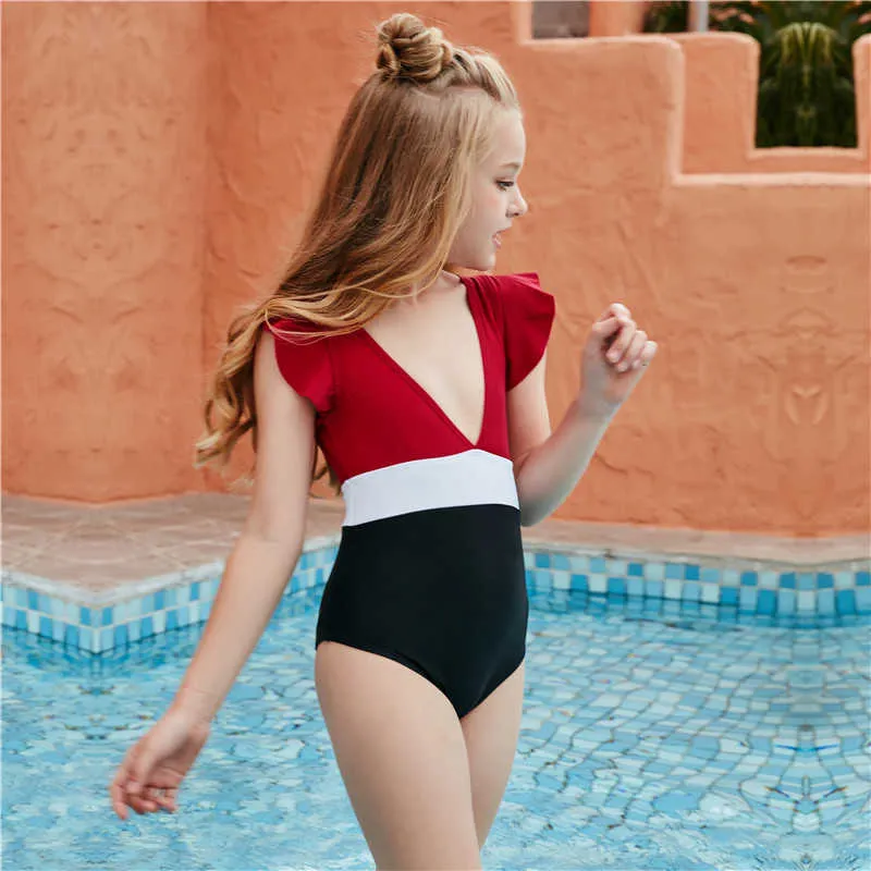 Cours de baignade pour enfants âgés d'aînée pour enfants Noir maillot de bain rouge enfants confortablement tenue de bikini vêtements 210529