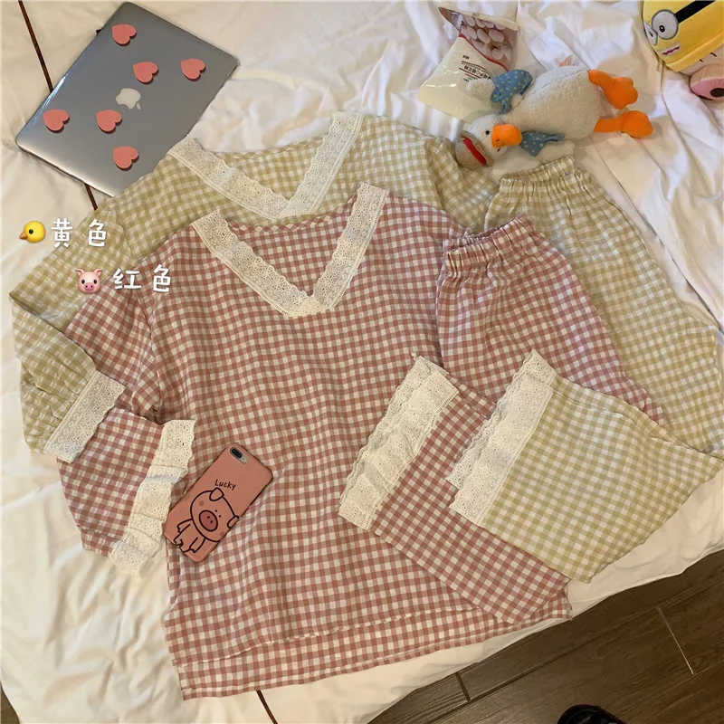 CAIYIER coreano Ulzzang rosa pigiama con stampa scozzese Set adorabile scollo a V ragazze da notte allentato casual manica lunga inverno Homewear Suit 210928