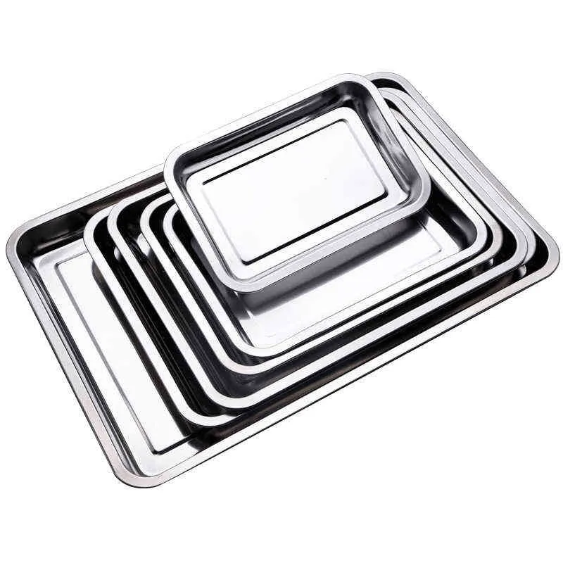 Plateaux rectangulaires peu profonds en acier inoxydable Barbecue Plaque de stockage de fruits Plat à la vapeur Pâtisserie Cuisson Ustensiles de cuisine 211110