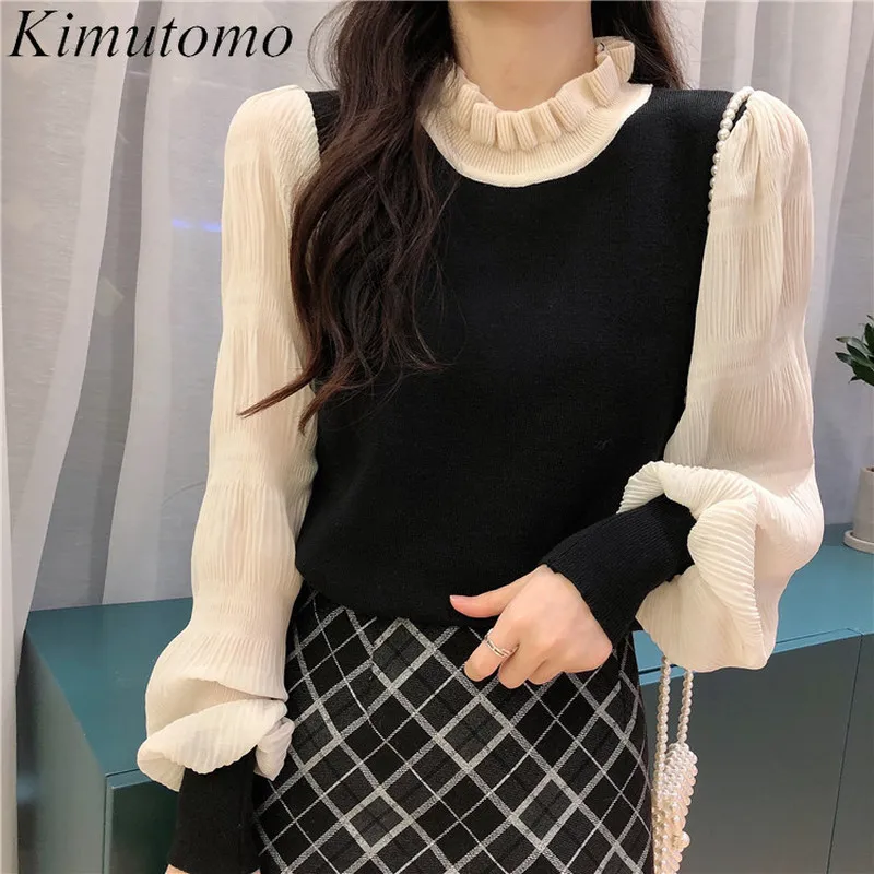 Кимутомо Японский стиль вязаный пуловер женщин поддельных двух частей издевательства с длинным рукавом тонкий свитер элегантный шикарный весна 210521