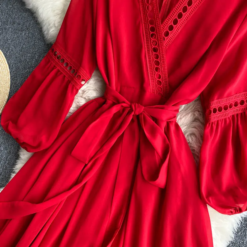 Singreiny Women Casual Holiday Dress Design Hollow V Neck Puff Sleeve Sashes A-Line Dresses Spring Fashion Streetwear Midi Dress 210419