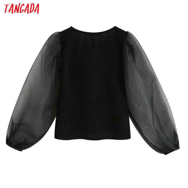 Tangada Femmes Sexy Blouse noire Design O Cou Transparent Manches longues Chic Crop Chemise élégante Blusas Femininas BE664 210609