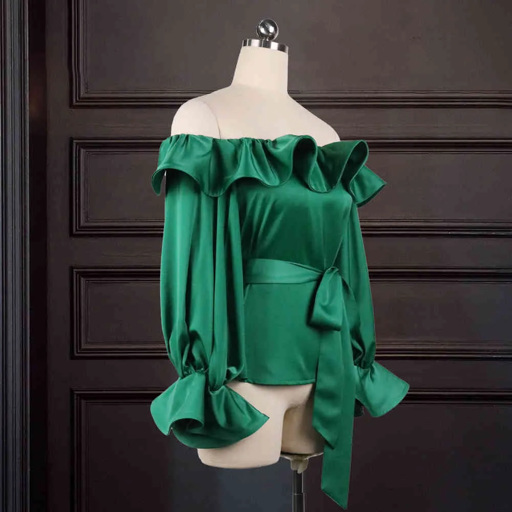 Women Blouses Tops Shirts Off Shoulder Ruffles Long Lantern Sleeves Sexy Christmas with Waist Belt Spring Fashion Lady Bluas 210416