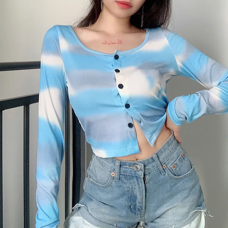 Tie Dye Imprimer Bleu Crop Tops Femmes Automne O Cou À Manches Longues Bouton Cardigan Top Sexy Mince Court T-shirt Petit Survêtement 210507