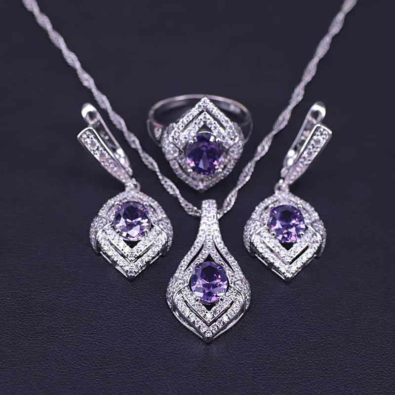 orecchini anello collana set viola zircone cubico set di gioielli color argento le donne gioielli da sposa matrimonio / set di fidanzamento H1022