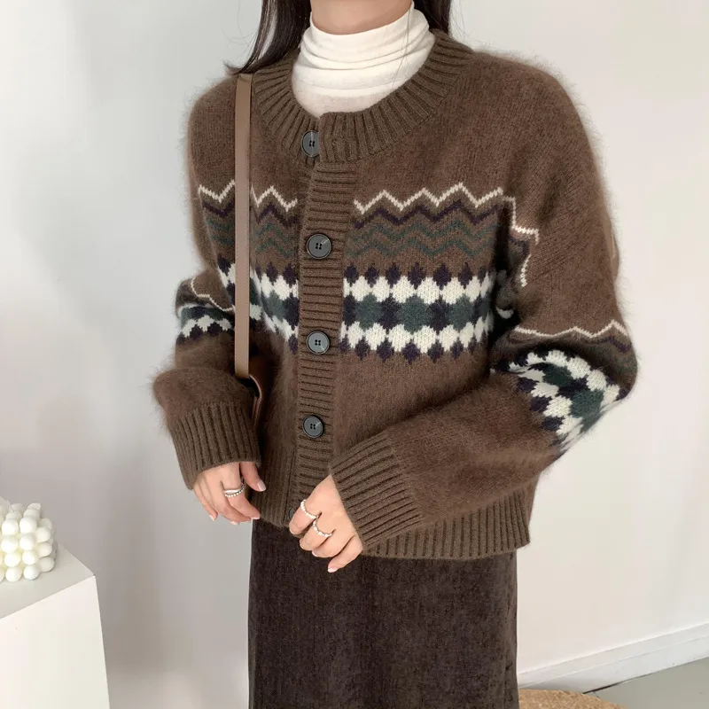 H.Sa Kobiety Casual Cardiganss Z Długim Rękawem Miękkie Ciepłe Panie Dzianiny Jumper Topy Argyle Vintage Sweter Cardigan Kobieta 210417