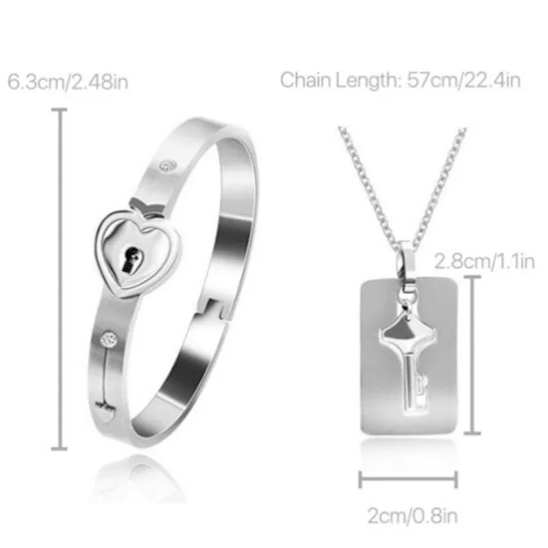 Paar Titanium Stalen Slot Bangle Armband En Sleutel Hanger Ketting Liefde Set Vrouwen Mannen Liefhebbers Jewelry228e