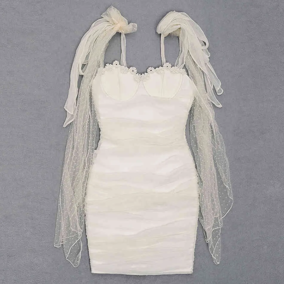 Freie Sommer-Frauen-weiße Polka-Punkt-Spitze-Verband-Kleid-reizvolle Spitze-oben-Bowknot-Mini-Berühmtheits-Verein-Partei-Vestidos 210524