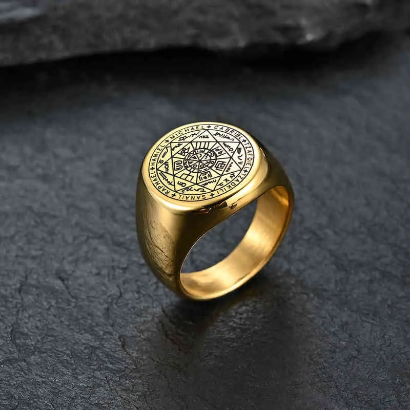 La clé de salomon anneaux acier inoxydable sceau les sept archanges anneau amulette mâle acier bijoux M4 211217345V
