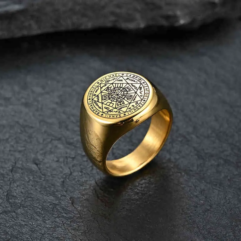 The Key of Solomon Rings Stainless Steel Seal the Seven Archangels Ring Amulet Male steel Jewelry M4 211217