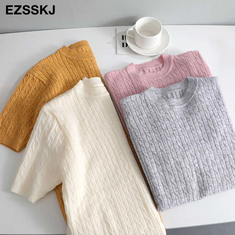 Kaszmirowa dzianina T shirt Koszulka z krótkim rękawem Kobiety Lato Luźna O-Neck T Shirt Chic Solid Color Basic T-shirt Koszulka Koszula Kobieta Top Y0621