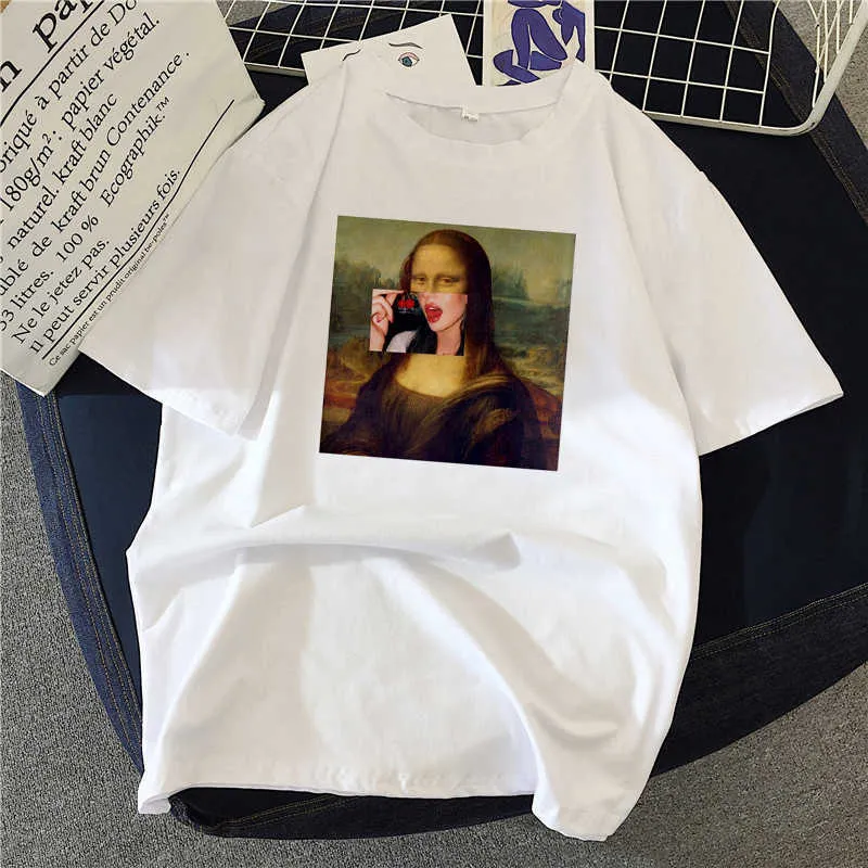 Mona Lisa Pintura Mulheres camisetas Pintura A óleo Artística Harajuku Aesthetic Ulzzang Oversized Camisetas Coreano Roupa X0527