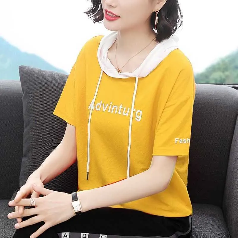 T-shirt 100% cotone con cappuccio o collo T-shirt donna estate manica corta allentata stile coreano taglie forti donna s 210720