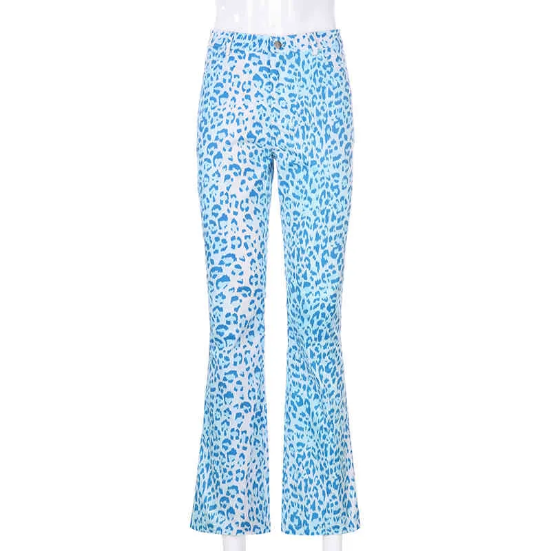 Azul Y2k Skinny Leoaprd Flare Pants Mujer Casual New Tie Dye Print Harajuku Pantalones largos de cintura alta ajustados Capri Streetwear 210415