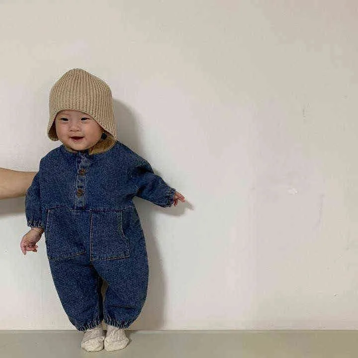 秋冬幼児男の子服子供女赤ちゃんデニムローマンロングスリーブジャンプスーツプレイスーツアウトフィットセット211101