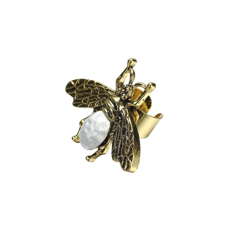 ウェディングリングヴィンテージアンティークゴールド昆虫オープニングファッションシックな模倣真珠金属蜂の指数声明ステートメントジュエリー女性245U