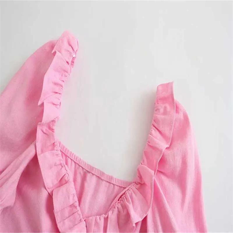 Za Summer Linen Ruffle Mini Pink Dress Donna Manica corta a sbuffo con scollo a V Smocking Abiti da festa elastici Donna Chic Beach Dress 210602