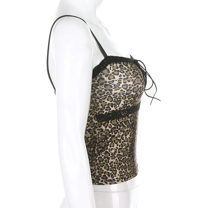 Cheetah Animal Print Lace Cami Kvinnor Sommar Black Tie Up Backless Vintage Leopard Crop Top Ladies Fashion Streetwear Kläder 210510