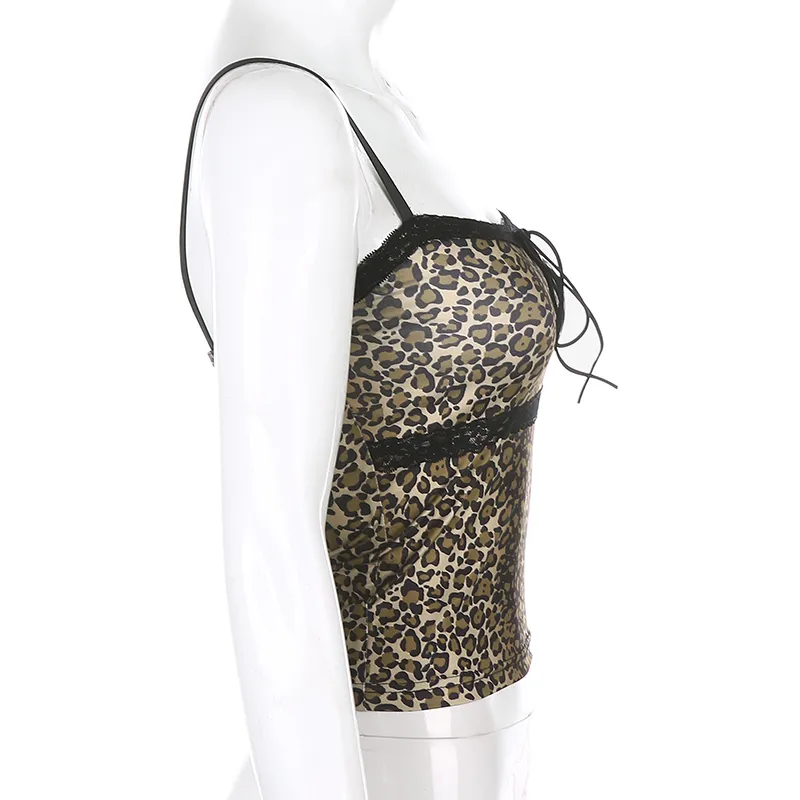 Gepard Tier Druck Spitze Cami Frauen Sommer Schwarz Krawatte up Backless Vintage Leopard Crop Top Damen Mode Streetwear Kleidung 210510