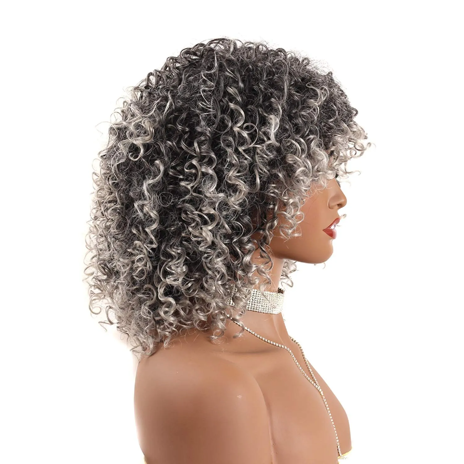 Peluca de pelo rizado afro sintético ondulado esponjoso con flequillo Pelucas rizadas rizadas para mujeres negras Pelucas grises ombre para uso diariofactory direct3699776
