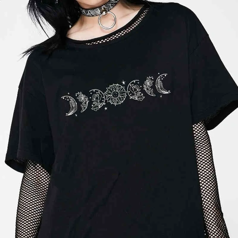 Flor Lua Harajuku T Camiseta Mulheres Estilo Estética Estilo Gótico de Algodão Escuro O Pescoço Grunge Hipster Gráfico Tee Tops Feminino Pano 210518