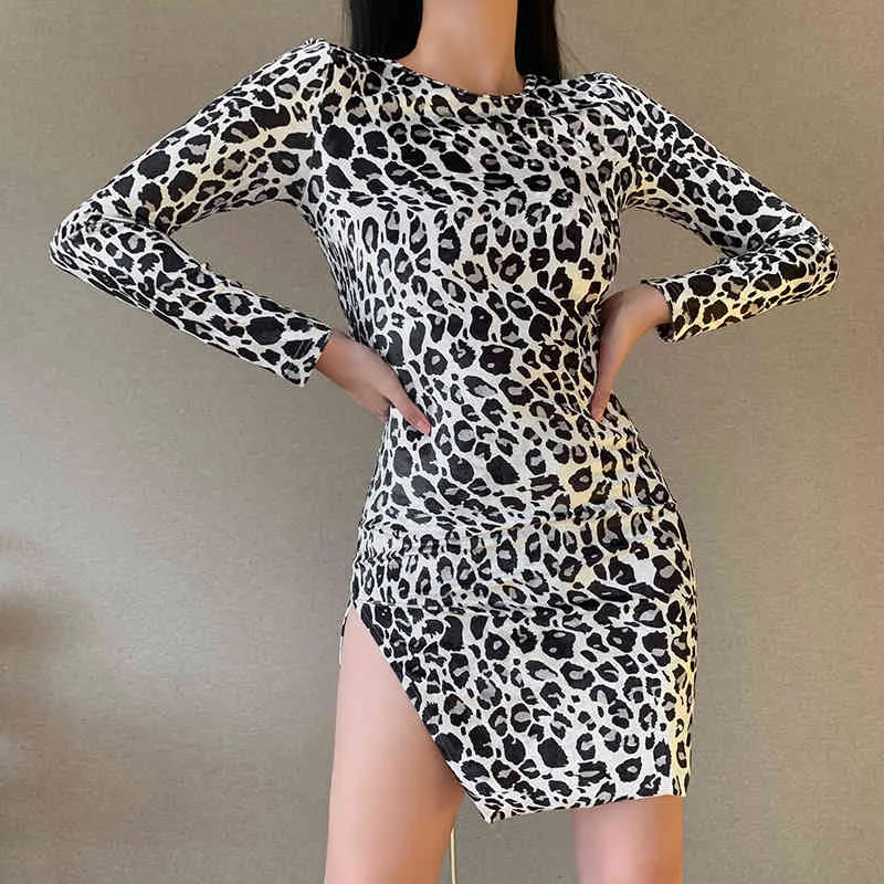 Dame Sexy Leopard Print Split Mini Kleider Frauen Casual Volle Hülse Runde Kragen Pullover Schlank Streetwear Kleid WhiteBrown 210517