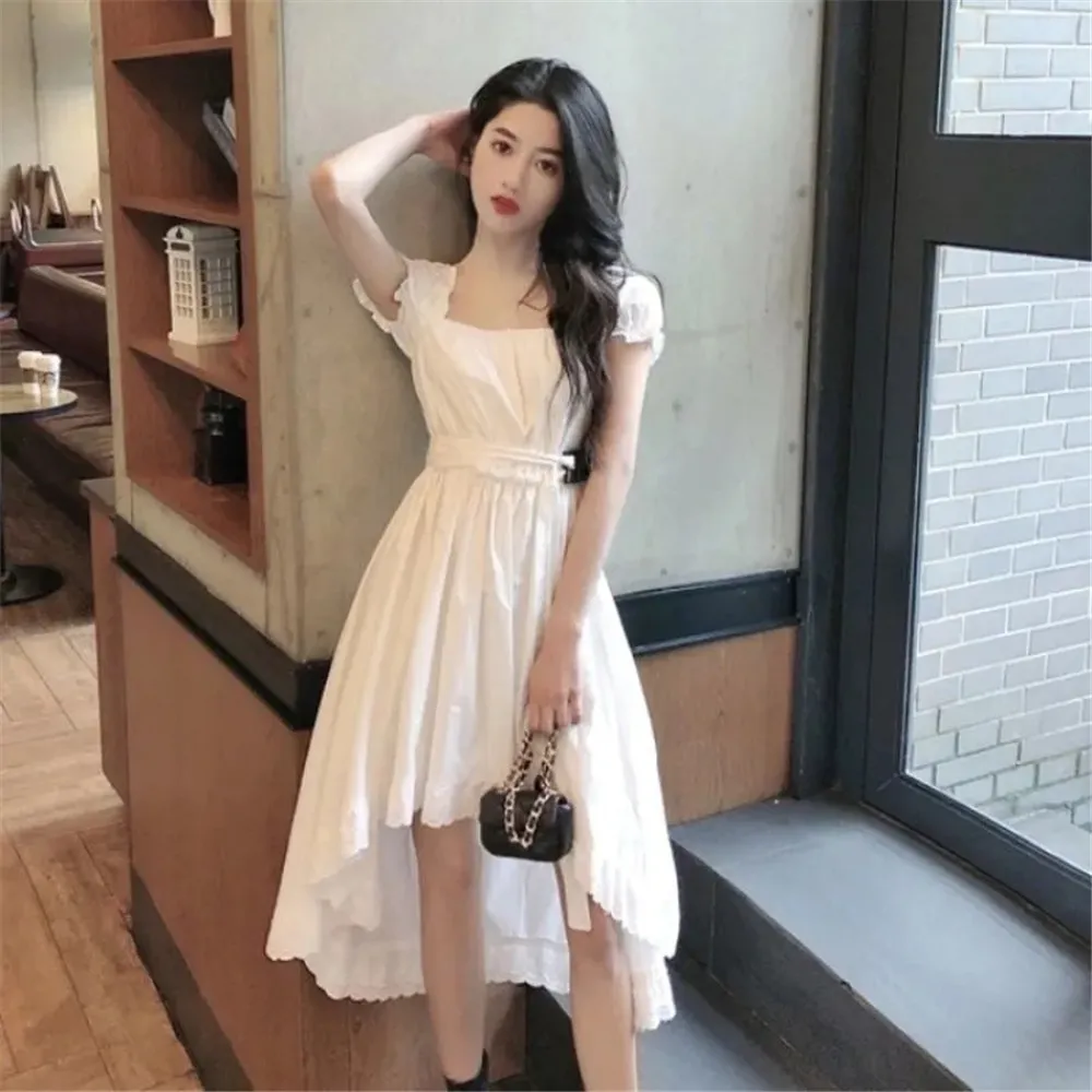 Coreano elegante casual donna estate abito femminile colletto quadrato vintage manica a sbuffo giuntura irregolare in pizzo midi abiti lunghi 210421