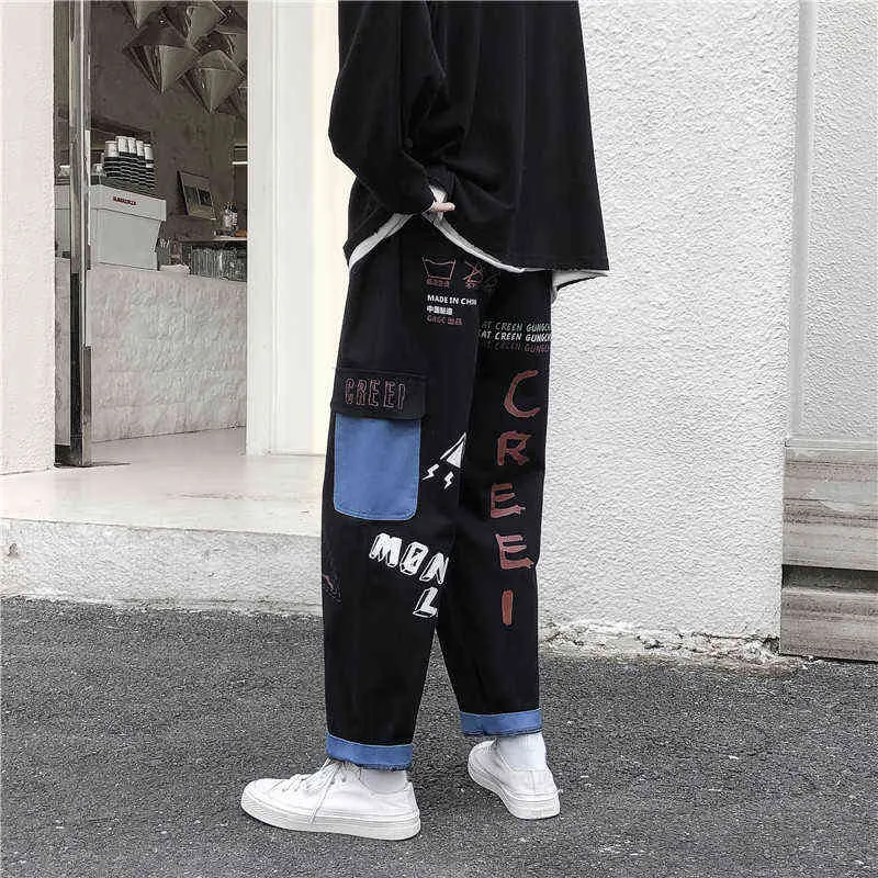 Straight Denim Jeans Men Graphic Printed Jeans Streetwear Jeans Man Wildleg Pants Hip Hop Korean Harajuku Fashion Pants 211201