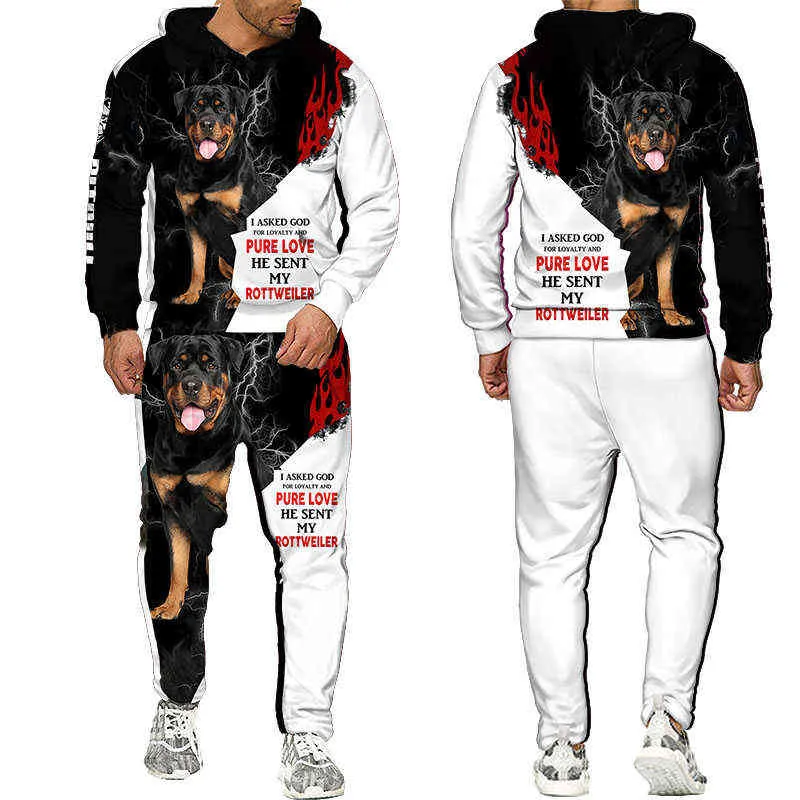 Rottweiler Köpek 3D Baskılı Hoodie Sweatpants Erkek Sonbahar Kış Rahat Sweashirts Erkekler Eşofman Seti Moda erkek Giyim Suit 211220