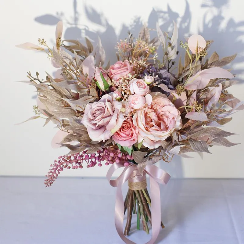 Düğün Çiçekleri Himstory Vintage Arifik Tozlu Pembe Buketler Romantik Peonies Gelin El Yapımı İpek Gül Gelinler El Tutma Çiçek 310p