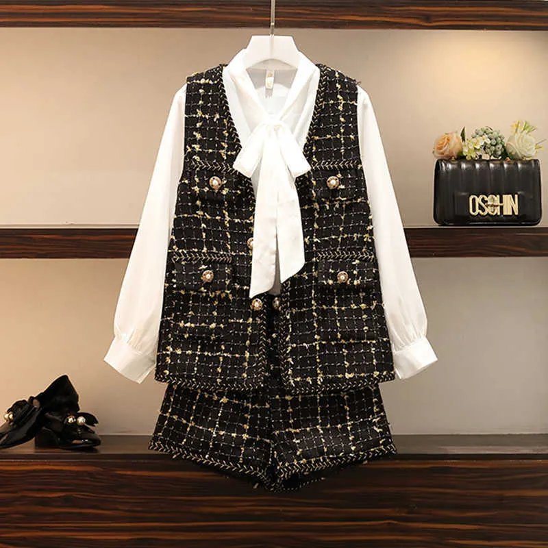 Separately Sale Tweed set Fall Winter Women Chiffon Bow Collar Shirt + Single-Breasted Plaid Vest Shorts Outfits 210930