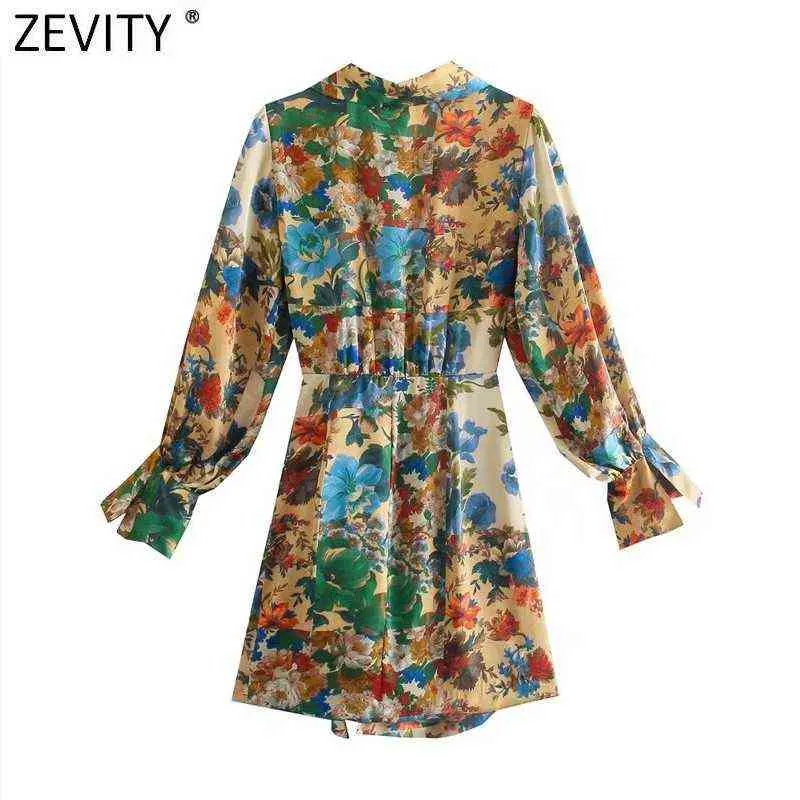 ZEVITY 2022 Women Vintage Floral Print Side Bow Tied Slim Kimono Mini Dress Female Chic Long Sleeve Casual Party Vestidos DS8979 Y1204