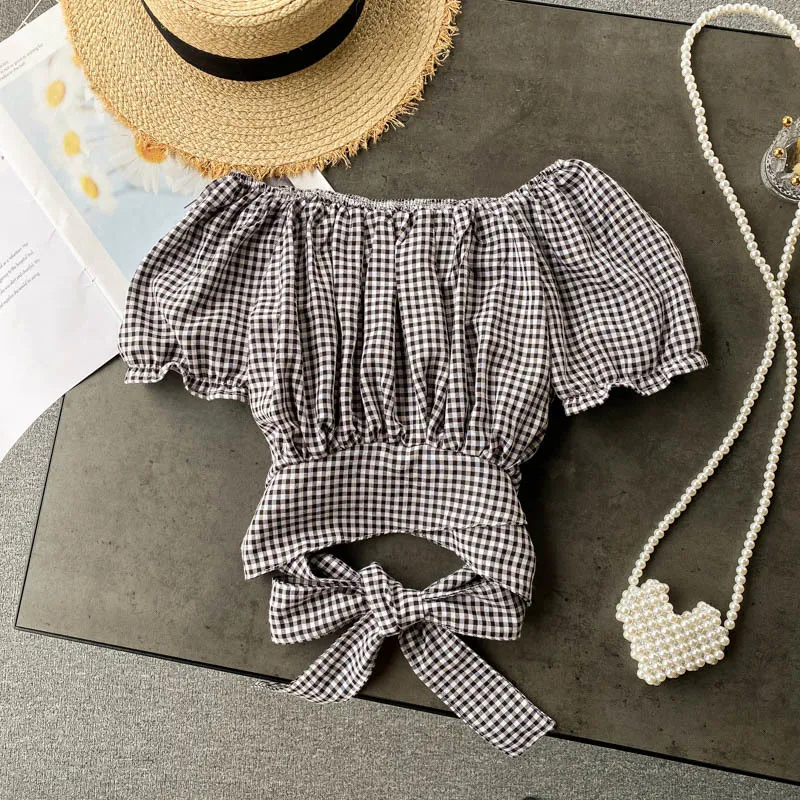 Singreiny French Women Plaid Blouse Summer Puff Sleeve Slash Neck Bow Drawstring Slim Blouses Fashion Streetwear Vintage Toppar 210419