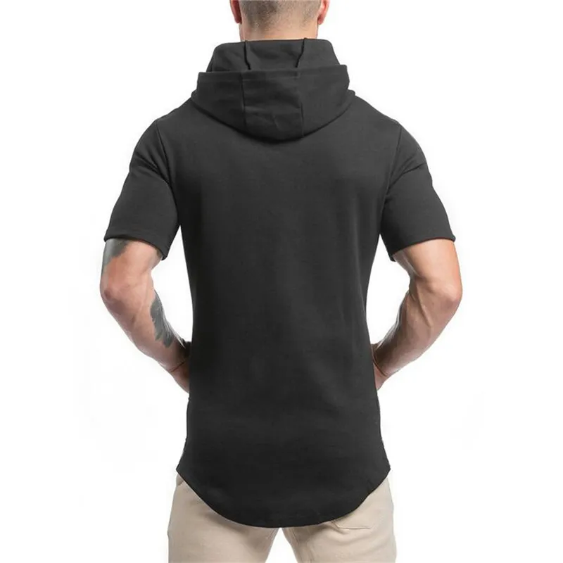Bodybuilding Clothes Men T-shirt Hooded Gyms Sweatshirt Short Sleeve Tops Cotton Sportwear Fitness Pullover Muscle Tee Shirt 210421