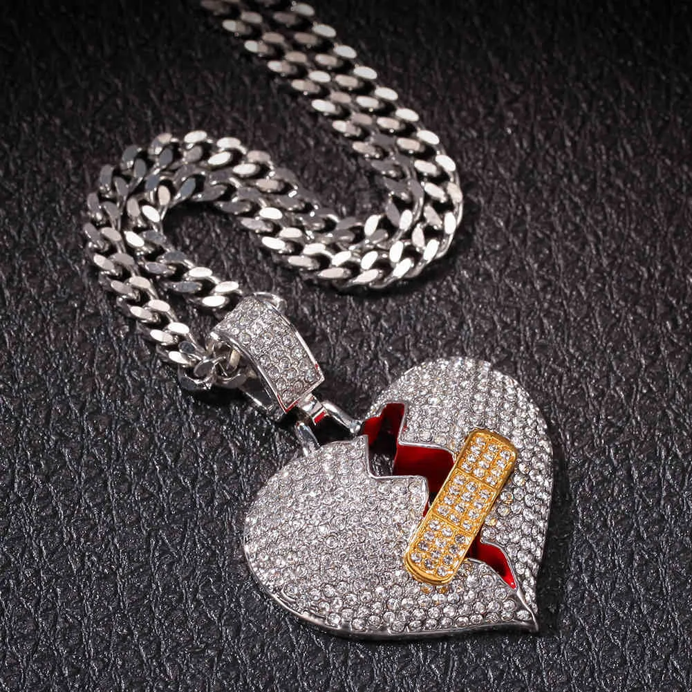 Hip hop nueva tirita llena de diamantes colgante de corazón roto collar de aleación de corazón roto OK tensión colgante de amor