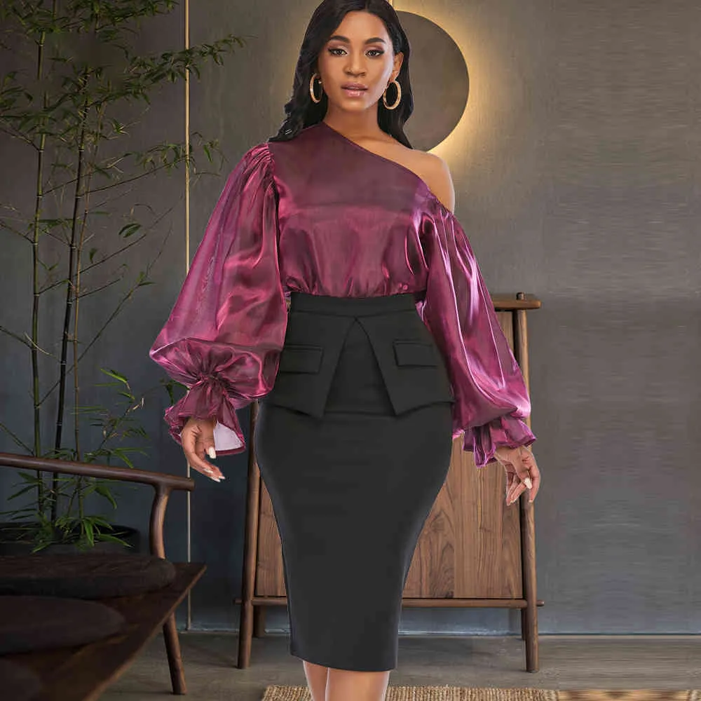 Women Two Pieces Set One Shoulder Blouse Shirt High Waist Skirt Suit Classy Modest Vintage Elegant Matching Sets for Office Lady 210416