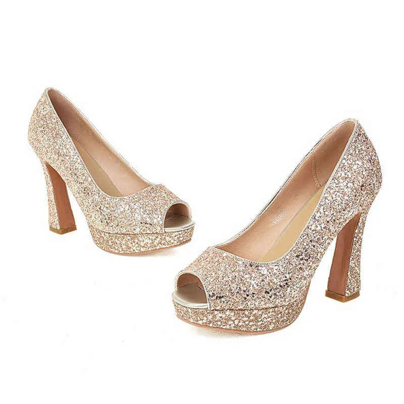 Dress Shoes Super High Heel Women's Waterproof Platform Fish Mouth Spring and Summer Fashion Gold Sequined 220303