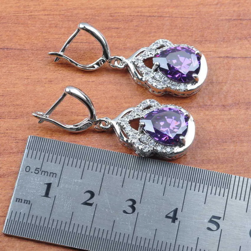 Bijoux de mariage naturel violet cristal couleur argent ensemble de bijoux femmes boucles d'oreilles collier pendentif anneaux Bracelet JS0306 H1022256p
